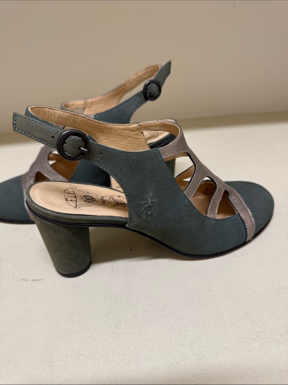 Fly London Green and Pewter Cutout Block Heel Pumps - Picture 6 of 8